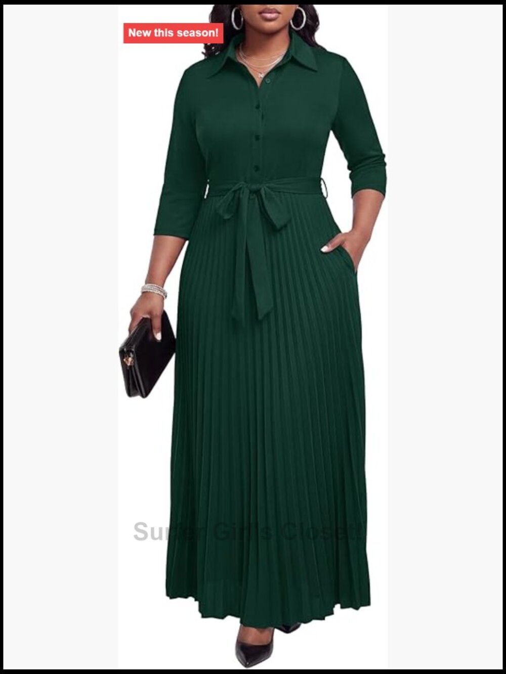 Women's Maxi Dress 3/4 Sleeve Button Down Pleated Church Work Dress